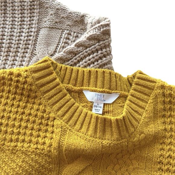 Time and Tru Lot Of 2 Women's Size L Yellow Beige Pullover Mixed Stitch Sweaters - Picture 3 of 13